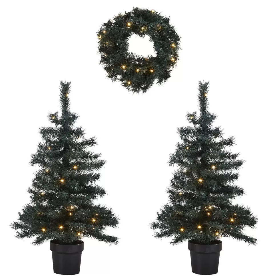Best Sale 2 Verlichte Buiten Kerstbomen En Krans Fraser (H95 X O55 Cm) Kerstbomen
