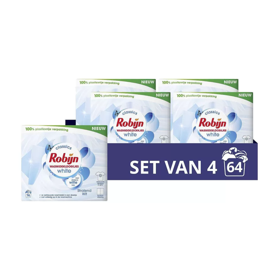 New Classics Stralend Wit Wasmiddeldoekjes - 4 X 16 Wasstrips - Voordeelverpakking - 64 Wasbeurten Huishoudmiddelen
