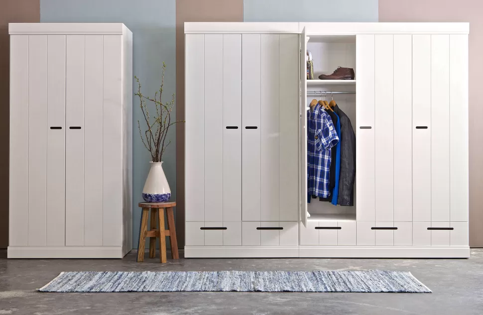 Discount Connect Kast 2-Deurs Met Lade - Grenen - Wit - 195X94X53 Connect Kledingkasten